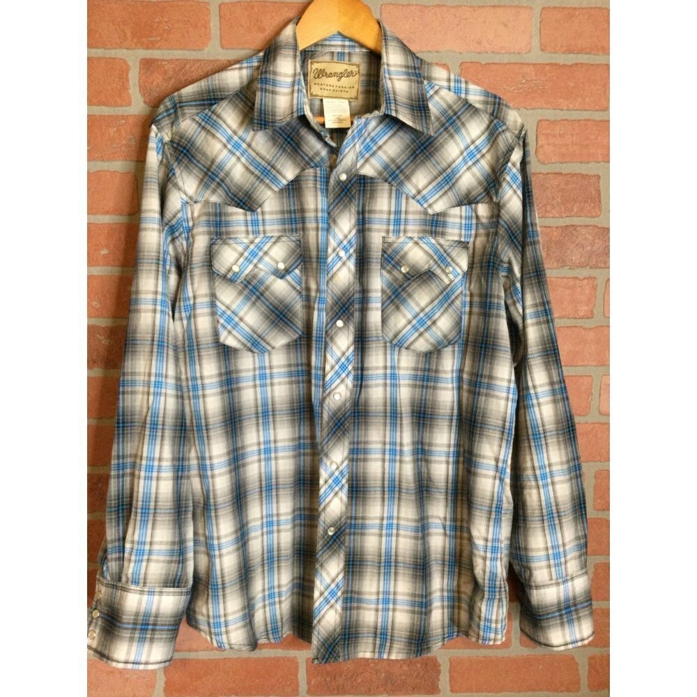 Wrangler Men's Plaid Western Pearl Snap Shirt Flap Pockets Collared Blue Large